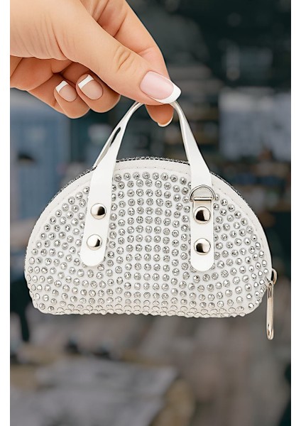 Beyaz Mini Çanta Gümüş Taşlı Orta Boy fiyatları