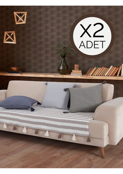 Elite Liva Ponponlu Kahve 2 Adet Koltuk Örtüsü 115X200 cm Kanepe Divan Çekyat Berjer Örtüsü Püsküllü 1 Adet