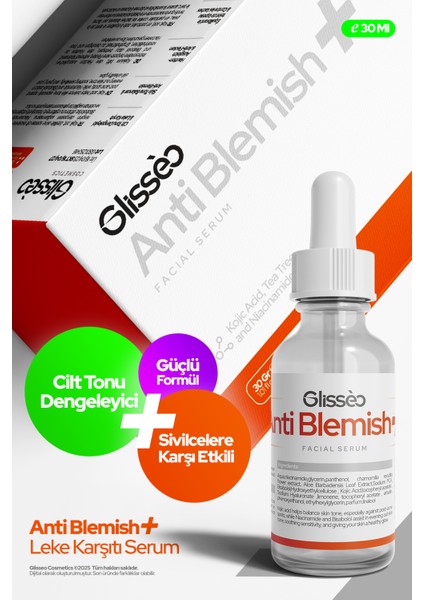 Anti Blemish+ %10 Niacinamide %0,5 Kojik Asit Akne ve Lekelenme Karşıtı, Ton Eşitleyici Yüz Bakım Serumu 30 Ml