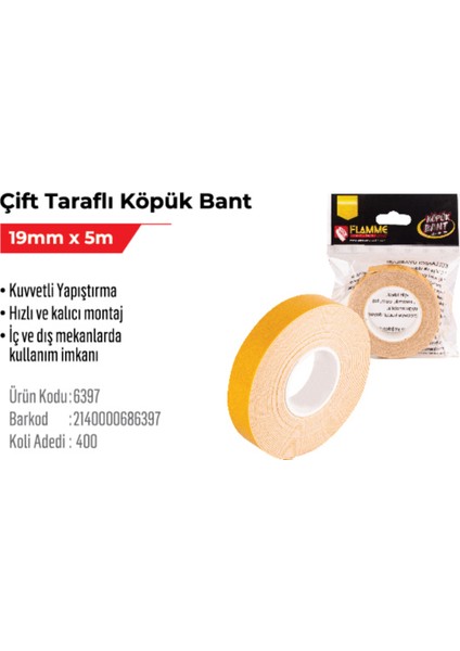 Çift Taraflı Köpük Bant 19MM x 5m 3 Adet