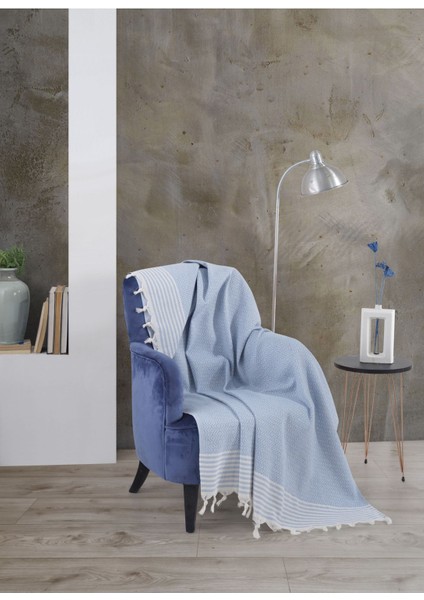 Elite Bergama Bebe Mavisi Tekli Koltuk Berjer Örtüsü 150 x 180 cm Kanepe Divan Çekyat Örtüsü Püsküllü 1 Adet