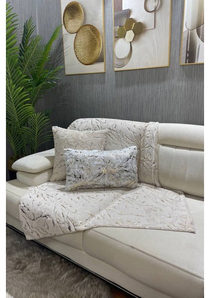 Elite Peluş Varaklı Koltuk Şalı - Krem - Gold 1 Adet