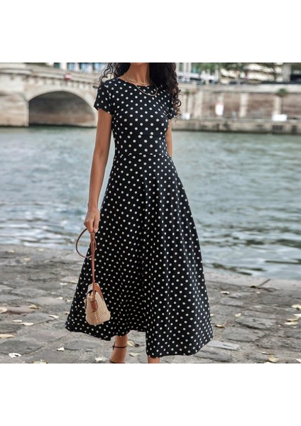 Kadın Kısa Kollu Bisiklet Yaka Puantiyeli Maksi Örme Krep Elbise