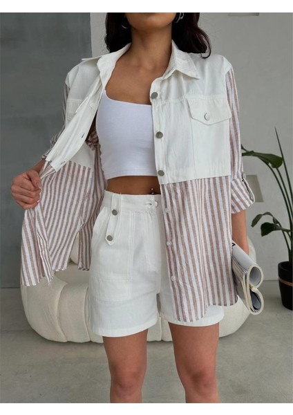 Gabardin Şort - Gabardin - Çizgili Keten Garnili Ceket Takım - Kahverengi modelleri