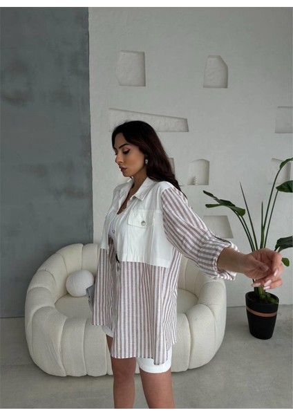 Gabardin Şort - Gabardin - Çizgili Keten Garnili Ceket Takım - Kahverengi fırsatları