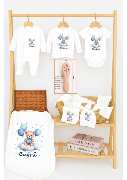 Erkek Bebek %100 Pamuk Organik Baskılı Isimli Hastane Çıkışı Yenidoğan Isme Özel Fırça Hediyelik Set
