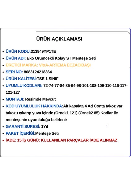 313949YP1TE Eko Örümcekli Kolay St Menteşe Seti (313939YP1TE Yerine)