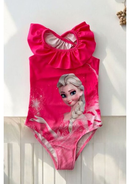 Barbie Volan Yaka Detaylı Kız çocuk mayo - Pembe
