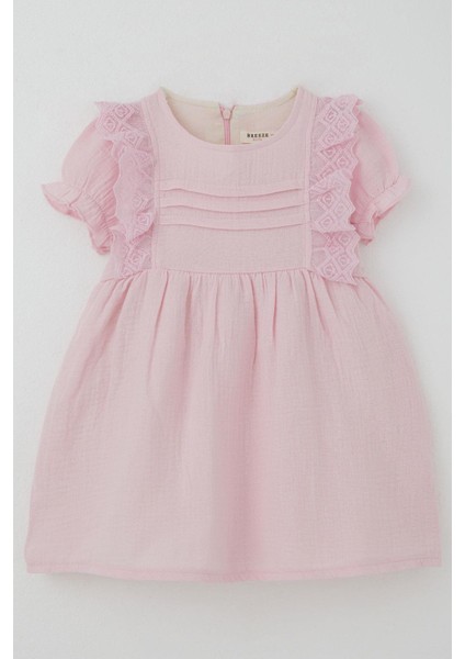 Kız Bebek Elbise Omuz Kısmı Güpür Detaylı Kolları Lastikli 9 Ay-3 Yaş, Pembe