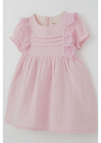 Kız Bebek Elbise Omuz Kısmı Güpür Detaylı Kolları Lastikli 9 Ay-3 Yaş, Pembe modelleri