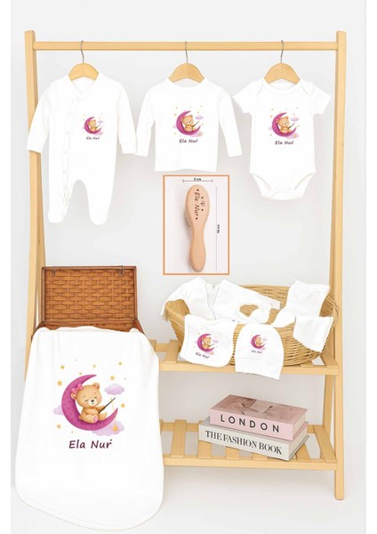 Kız Bebek %100 Pamuk Organik Baskılı Isimli Hastane Çıkışı Yenidoğan Isme Özel Fırça Hediyelik Set
