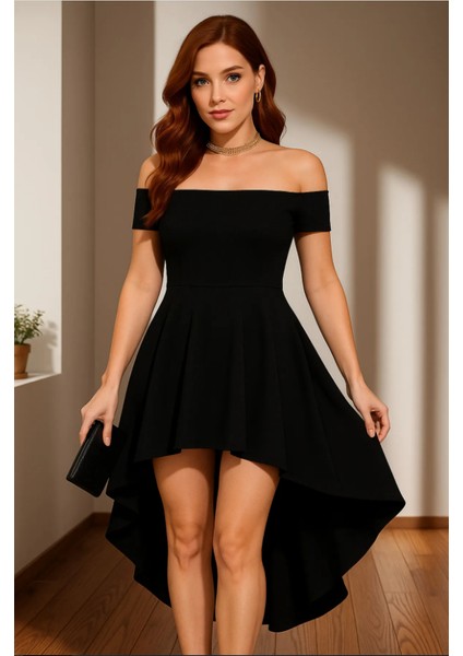 Kadın Madonna Yaka Önü Kısa Arkası Uzun Krep Abiye Elbise