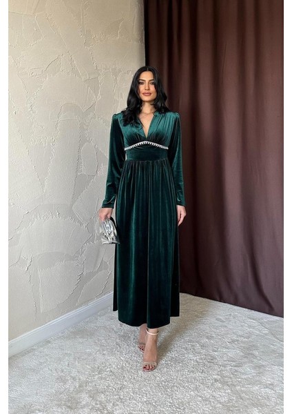 Zümrüt Göğüs Altı Taşlı Elbise