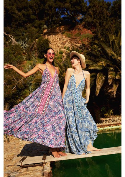 Regular Fit Etnik Desenli Boyundan Bağlamalı Maxi Plaj Elbisesi-Fall in Love E4581AX25SM