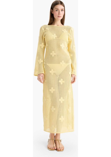 Regular Fit Uzun Kollu Dantelli Maxi Plaj Elbisesi-Fall in Love E0603AX25SM