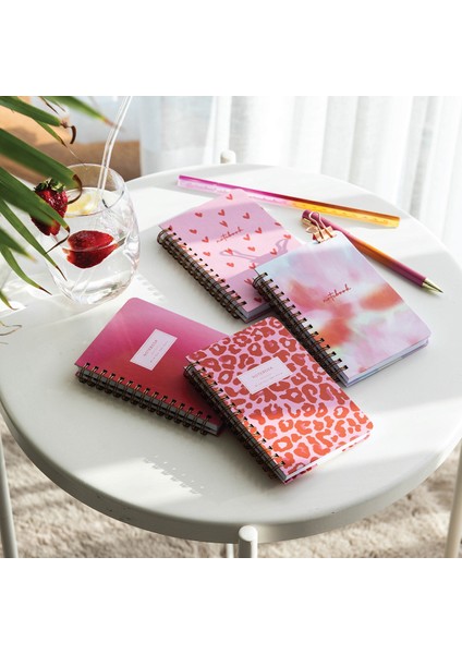 9x14 cm Sert Kapak Spiralli Çizgili 4’lü Cep Not Defteri Seti - Pembe