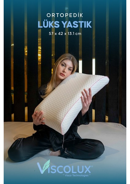 Lüx Bombeli Boyun Destekli Ortopedik Yastık; Anti-Aging Visco Yastık 57X42X13/11 Pembe