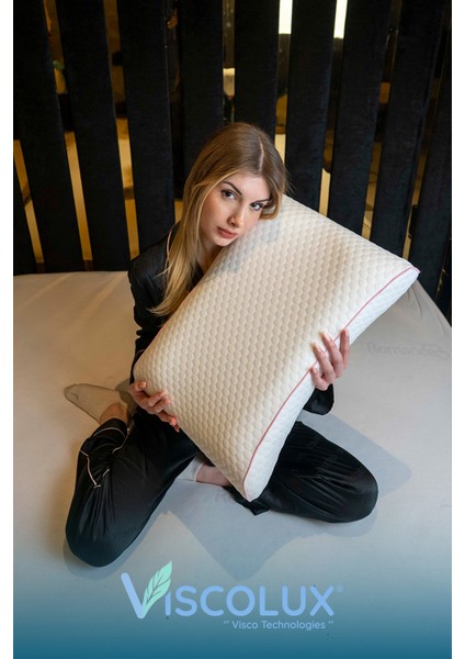 Lüx Bombeli Boyun Destekli Ortopedik Yastık; Anti-Aging Visco Yastık 57X42X13/11 Pembe