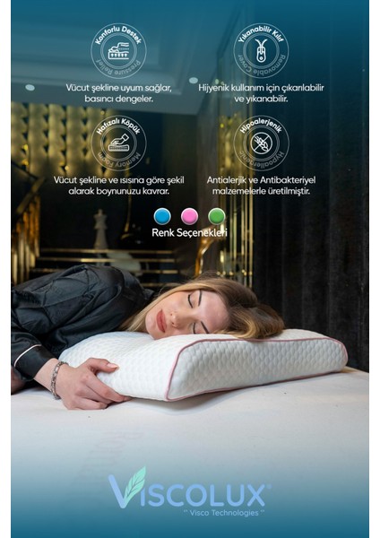 Lüx Bombeli Boyun Destekli Ortopedik Yastık; Anti-Aging Visco Yastık 57X42X13/11 Pembe