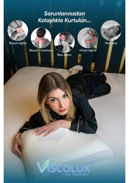 Lüx Bombeli Boyun Destekli Ortopedik Yastık; Anti-Aging Visco Yastık 57X42X13/11 Pembe