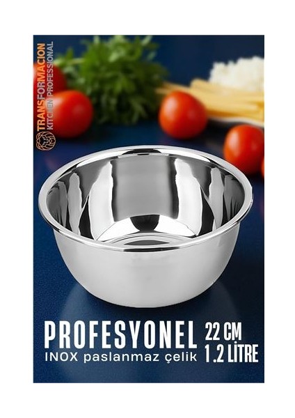 Inox Kase - 22 cm 1.2 Litre Karıştırma Kabı Profesyonel 304 Paslanmaz Çelik