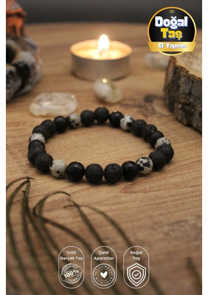 Volcanic Strength Lav Taşı, Oniks ve Jasper ile Doğal Taş Tasarım Unisex Esnek Bileklik