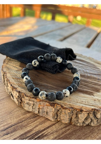 Volcanic Strength Lav Taşı, Oniks ve Jasper ile Doğal Taş Tasarım Unisex Esnek Bileklik fırsatları