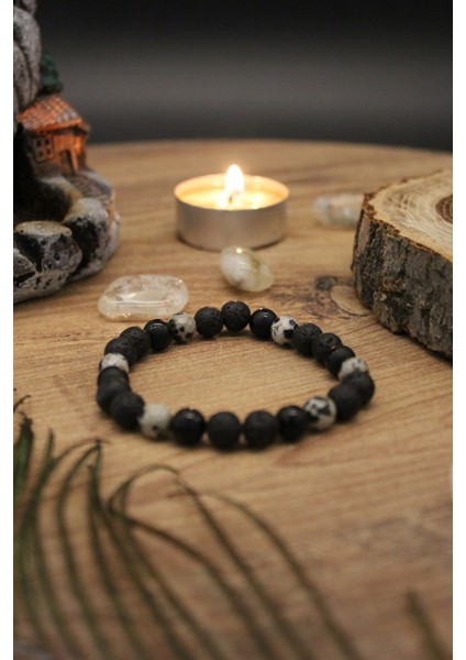 Volcanic Strength Lav Taşı, Oniks ve Jasper ile Doğal Taş Tasarım Unisex Esnek Bileklik indirimleri