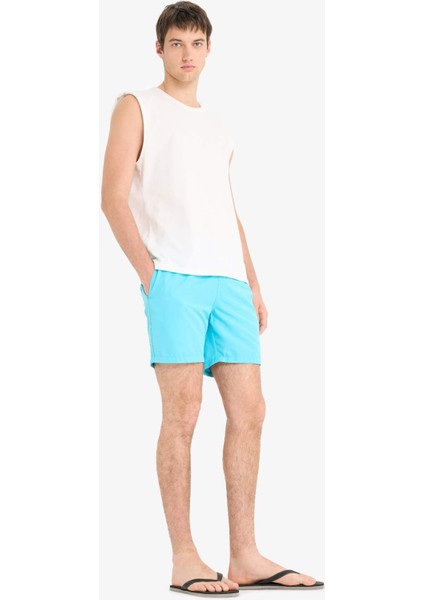 Regular Fit Kısa Boy Cepli File Astarlı Beli Bağcıklı Düz Hafif Kumaş Deniz Şortu E5133AXNS