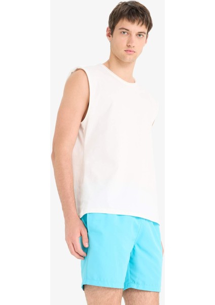 Regular Fit Kısa Boy Cepli File Astarlı Beli Bağcıklı Düz Hafif Kumaş Deniz Şortu E5133AXNS