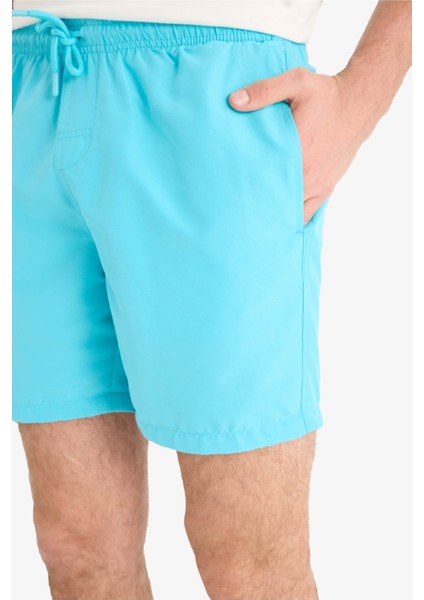 Regular Fit Kısa Boy Cepli File Astarlı Beli Bağcıklı Düz Hafif Kumaş Deniz Şortu E5133AXNS