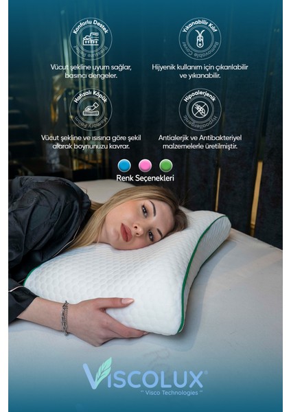 Lüx Bombeli Boyun Destekli Ortopedik Yastık; Anti-Aging Visco Yastık 57X42X13/11 Yeşil