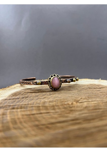 El Yapımı Bakır Bilezik Doğal Akik Taşı Detaylı El Yapımı Motifli Ayarlanabilir Kelepçe Pembe fırsatları