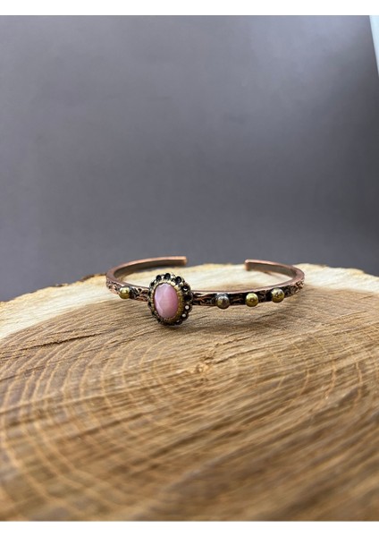 El Yapımı Bakır Bilezik Doğal Akik Taşı Detaylı El Yapımı Motifli Ayarlanabilir Kelepçe Pembe indirimleri
