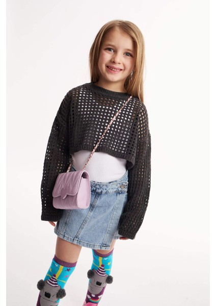 Kız Çocuk Crop Bisiklet Yaka Ajurlu Triko Kazak E4971A825SM