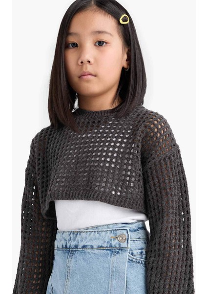 Kız Çocuk Crop Bisiklet Yaka Ajurlu Triko Kazak E4971A825SM fiyatları