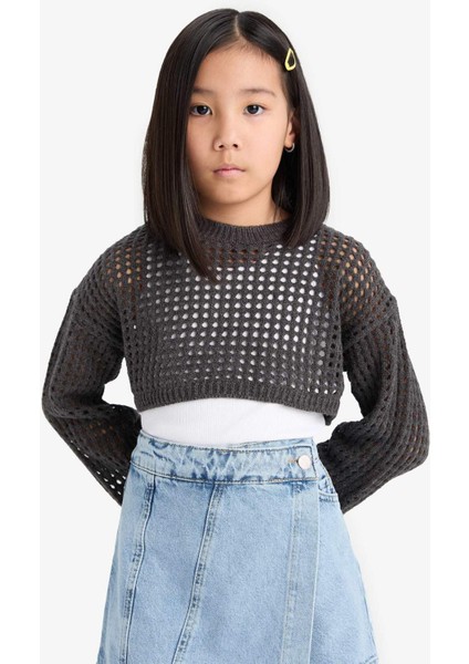 Kız Çocuk Crop Bisiklet Yaka Ajurlu Triko Kazak E4971A825SM indirimleri