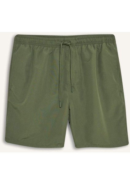 Regular Fit Kısa Boy Cepli File Astarlı Beli Bağcıklı Düz Hafif Kumaş Deniz Şortu E5133AXNS