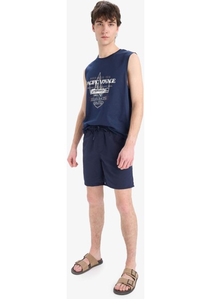 Regular Fit Kısa Boy Cepli File Astarlı Beli Bağcıklı Düz Hafif Kumaş Deniz Şortu E5133AXNS