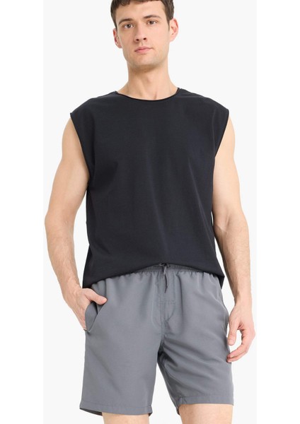 Regular Fit Kısa Boy Cepli File Astarlı Beli Bağcıklı Düz Hafif Kumaş Deniz Şortu E5133AXNS