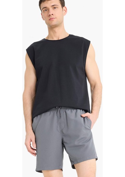 Regular Fit Kısa Boy Cepli File Astarlı Beli Bağcıklı Düz Hafif Kumaş Deniz Şortu E5133AXNS