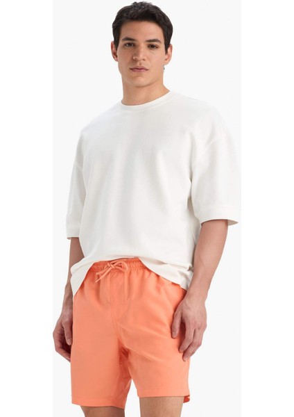 Regular Fit Kısa Boy Cepli File Astarlı Beli Bağcıklı Düz Hafif Kumaş Deniz Şortu E5133AXNS