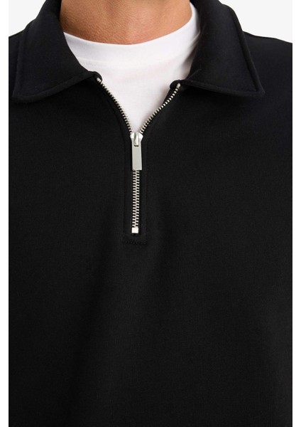 Relax Fit Polo Yaka Fermuarlı Basic Düz Kalın Sweatshirt E5333AX24WN fırsatları