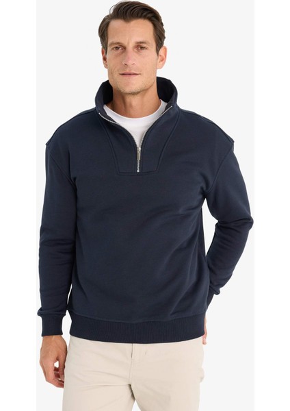 Relax Fit Dik Yaka Fermuarlı Basic Düz Kalın Sweatshirt E5332AX24WN modelleri