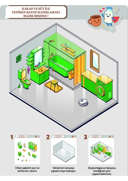 Kakao ve Süt ile 3D Çocuk Odası Tasarım Seti | Stickerlı Tak-Çıkar Etkinlik Kitabı