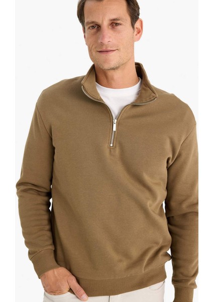 Comfort Regular Fit Rahat Kalıp Fermuarlı Dik Yaka Basic Düz Sweatshirt X7405AZ24AU