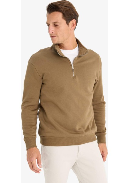 Comfort Regular Fit Rahat Kalıp Fermuarlı Dik Yaka Basic Düz Sweatshirt X7405AZ24AU