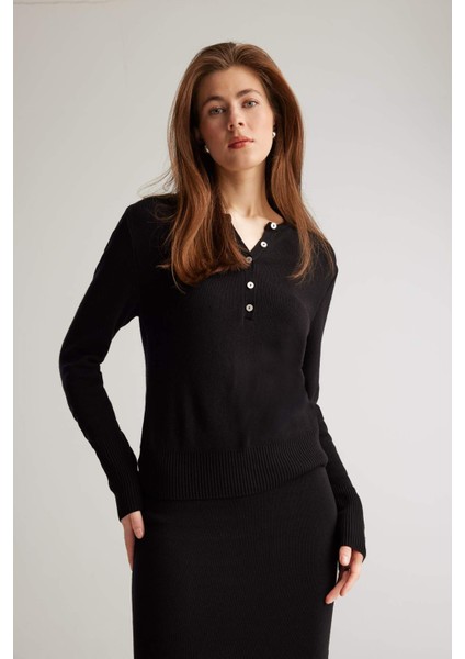 Fitted Bisiklet Yaka Basic Düz Siyah Triko Kazak E5345AX25SP