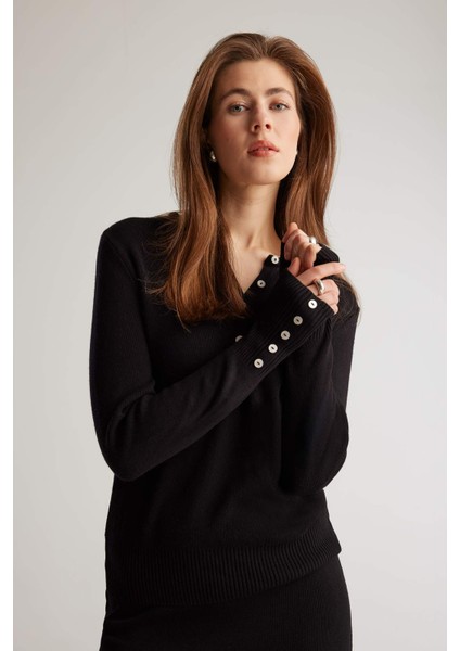 Fitted Bisiklet Yaka Basic Düz Siyah Triko Kazak E5345AX25SP modelleri