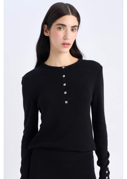 Fitted Bisiklet Yaka Basic Düz Siyah Triko Kazak E5345AX25SP fırsatları